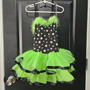 Weissman NWOT child intermediate dance costume lime green black polka dots jazz